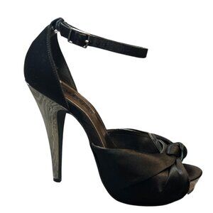 COSMOPOLITAN Womens Black Satin Ankle Strap Peep Toe 5" Heels 7.5 Chic
